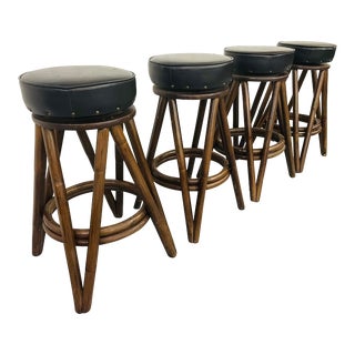Mid-Century Rattan Leather Bar Stools - Set of 4 For Sale