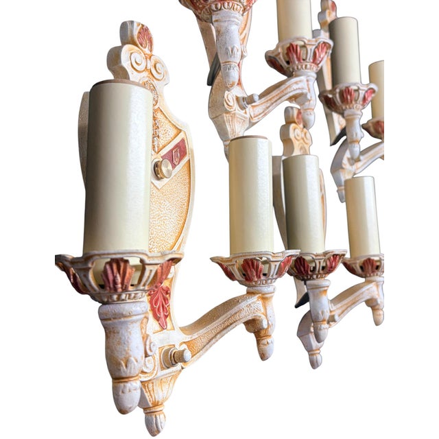 1920s 1920s Wall Sconces Ivory Cream White and Red With Gold Colored Highlights Two Light Candle Sconces Restored - Set of 4 For Sale - Image 5 of 13