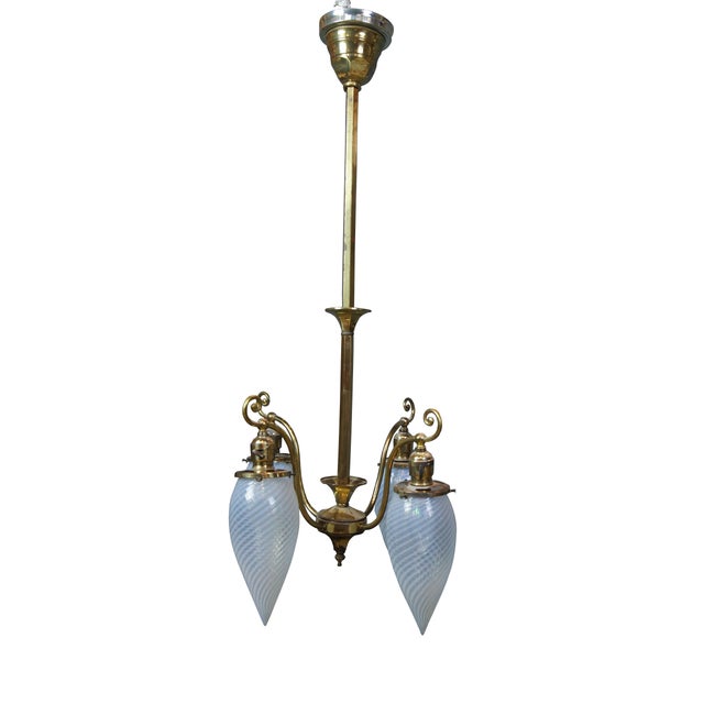 Victorian Antique Victorian Hubbell Opalescent Swirl Glass 4 Light Pendant Chandelier 38" For Sale - Image 3 of 14