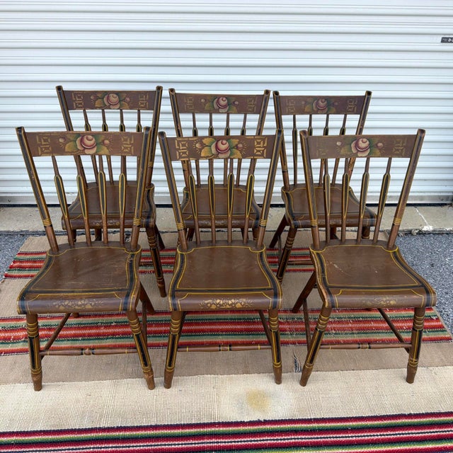 Antique Pennsylvania Folk Art Set of 6 Paint Decorated Arrow-Back Windsor Chairs, Circa 1850s For Sale - Image 14 of 17