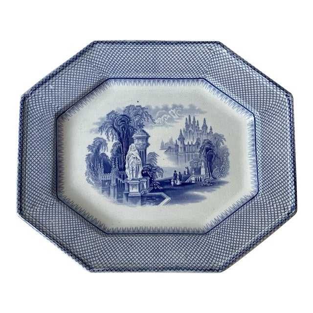 Antique Blue and White Transferware Ceramic Platter For Sale