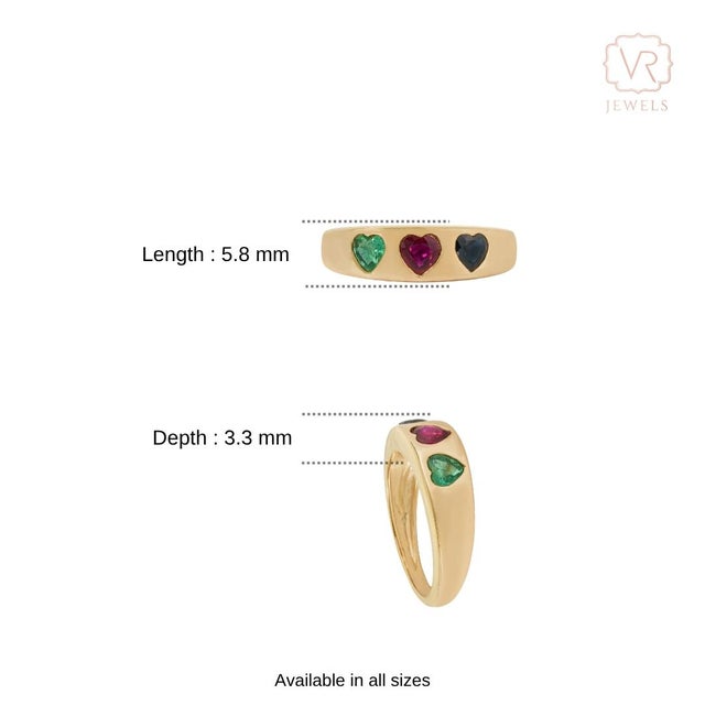 14k Yellow Gold Heart Emerald Ruby Sapphire Dome Band Gypsy-Set Ring Size 5 For Sale - Image 12 of 17