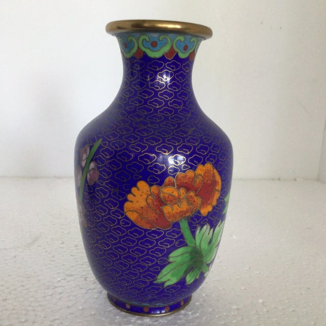 Blue Cloisonné Vases Decorated in Traditional Chinese Wealth Flowers - A Pair For Sale - Image 4 of 13