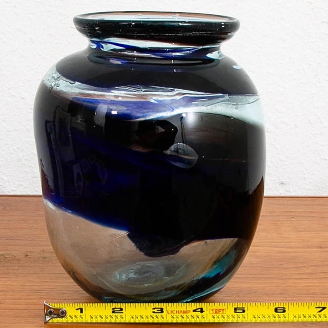 Mid Century Modern Studio Glass Vase Blue and Clear 70s Handblown Rounded Vessel For Sale - Image 11 of 11