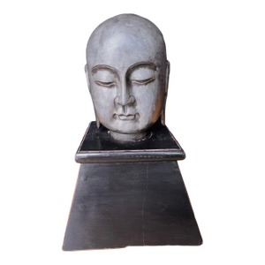 Antique 18" Smooth Carved Stone Chinese Buddha Head on Wood Base - Set of 2