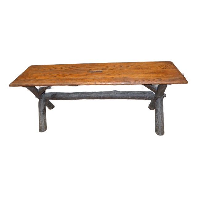 1980s Rustic Old Hickory Indiana Oak Wood / Log Bench Dining Seat For Sale