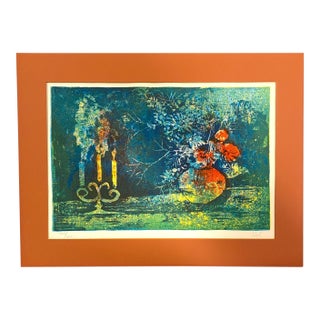 Mid 20th Century Hoi Lebadang (1922-2015) Still Life Lithograph Signed Floral Candles Vietnamese French Art For Sale