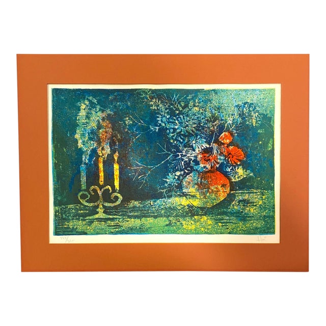 Mid 20th Century Hoi Lebadang (1922-2015) Still Life Lithograph Signed Floral Candles Vietnamese French Art For Sale