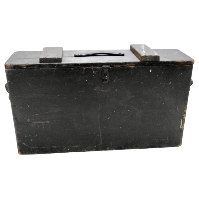 Primitive Wooden Tool Box With Leather Details For Sale