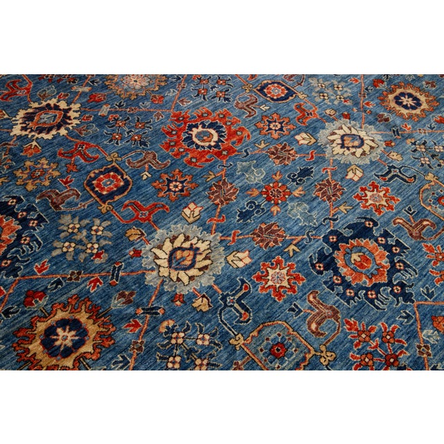 Navy Blue Floral Modern Serapi Style Wool Rug With Navy Blue Field For Sale - Image 8 of 9