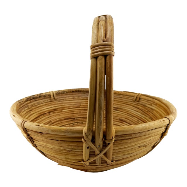 Vintage Handwoven Pencil Reed Basket With Bentwood Handle After Crespi For Sale