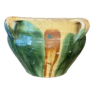 Antique French Green and Yellow Glazed Terracotta Planter, 1890s For Sale