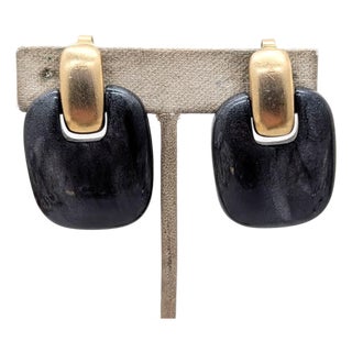 Vintage Signed Crown Trifari Silver/Black Resin Drop Clip Earrings-2 Pieces For Sale