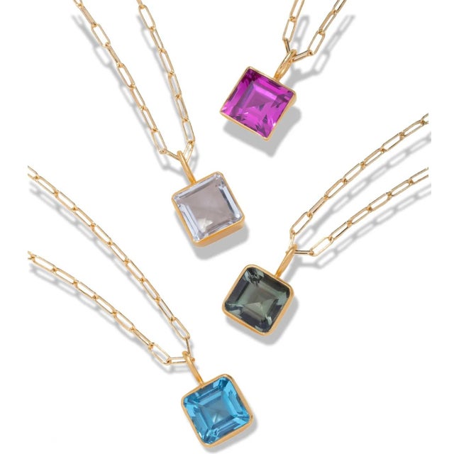 These stunning faceted gemstones are small scale and come with a petite chain. Choose from Blue Topaz, Amethyst, Green...