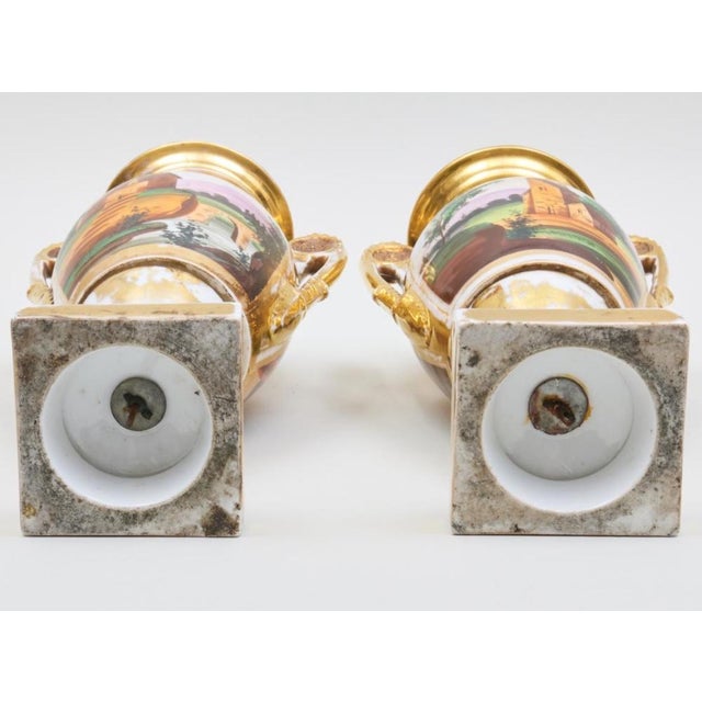 A Pair of 19th Century French Empire Vases Old Paris Porcelain Gilt Ground Pastoral and Figural Mant For Sale - Image 10 of 12