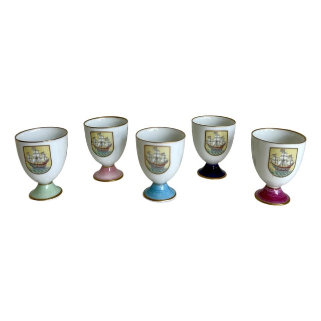 Set of 5 Vintage Fukagawa Porcelain Arita Pedestal Cups – Wine, Sake or Egg Cups For Sale