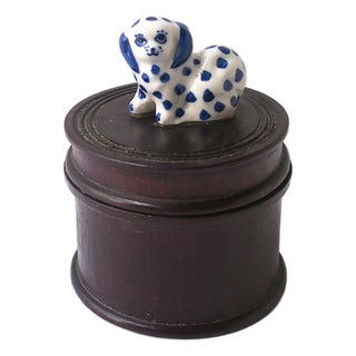 Jewelry Trinket Box With Porcelain Dog Blue and White, Mid-20th Century For Sale