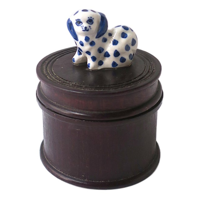 Jewelry Trinket Box With Porcelain Dog Blue and White, Mid-20th Century For Sale