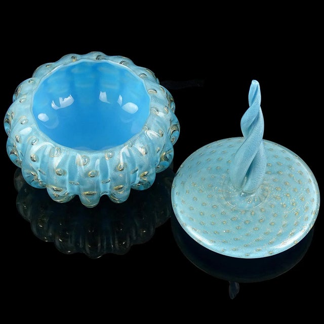 Mid 20th Century Vintage Murano Barbini 1950s Sky Blue Gold Flecks Controlled Bubbles Italian Art Glass Vanity Powder Box For Sale - Image 5 of 8