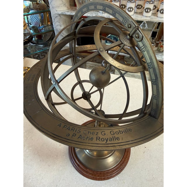 Modern Brass Armillary Sphere on Wooden Base, Celestial Decorative Object For Sale - Image 3 of 7