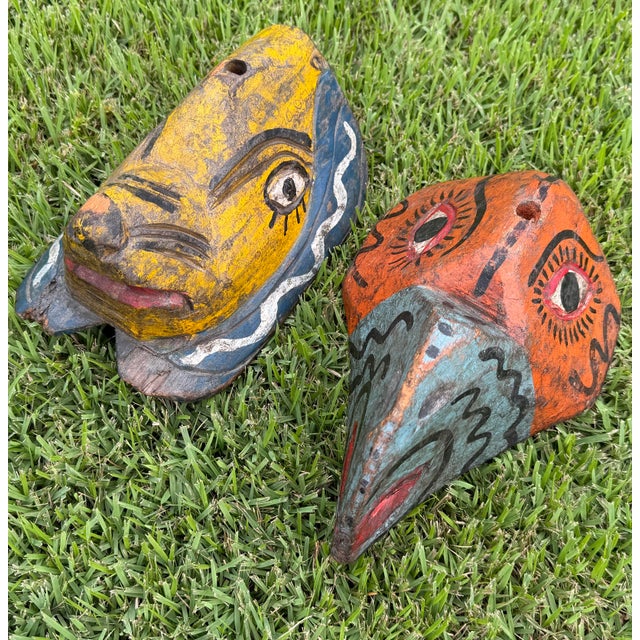 Vintage Hand-Carved Wooden Folk Art Masks, Pair For Sale In Naples, FL - Image 6 of 12