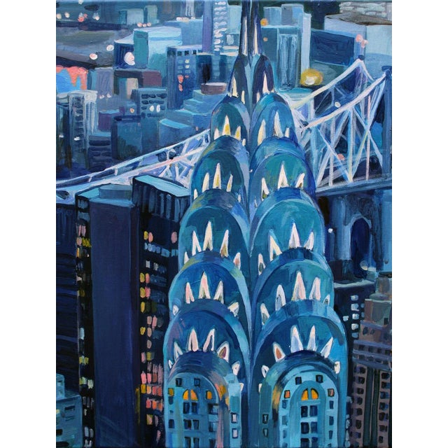 Contemporary "Blues Over New York City Chrysler Building" Contemporary Acrylic Cityscape Painting by Natalia Bessonova For Sale - Image 3 of 4