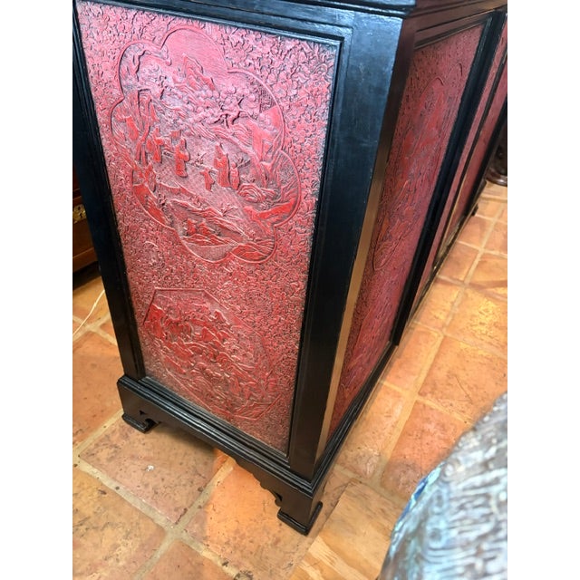 1950s Rare Large Asian Black Lacquer & Cinnabar Four Door Server, Console 70 Inch Long For Sale In West Palm - Image 6 of 9