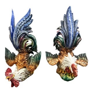 Vintage Hand-Painted Italian Majolica Ceramic Fighting Rooster Sculpture, a Pair 1980's For Sale