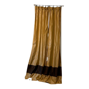 Pair of Custom Dupioni Silk Draperies in Antique Gold With Espresso Border