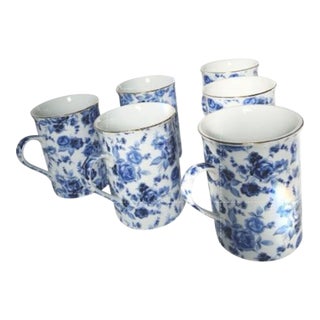 Antique Reflections by J Godinger & Co Blue Floral Rose Mugs - Set of 6 For Sale
