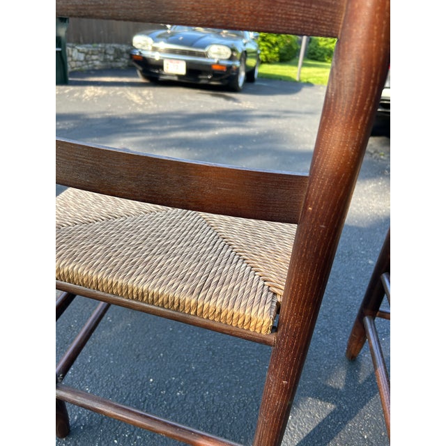 Wood Set of 2 Vintage Dark Wood and Rush Seat Ladder Back Chairs For Sale - Image 7 of 10