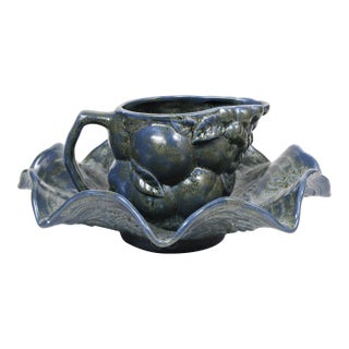 Vintage Blue Glazed Ceramic Creamer and Leaf Dish Set For Sale