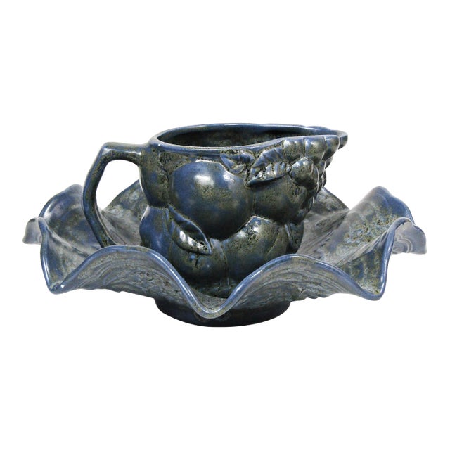 Vintage Blue Glazed Ceramic Creamer and Leaf Dish Set For Sale