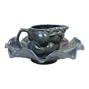 Vintage Blue Glazed Ceramic Creamer and Leaf Dish Set