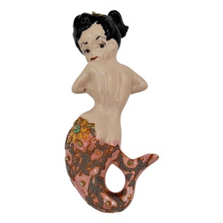 Mid 20th Century Art Pottery Ceramic Wall Sculpture Brunette Mermaid For Sale
