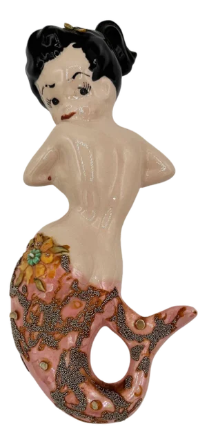 Mid 20th Century Art Pottery Ceramic Wall Sculpture Brunette Mermaid