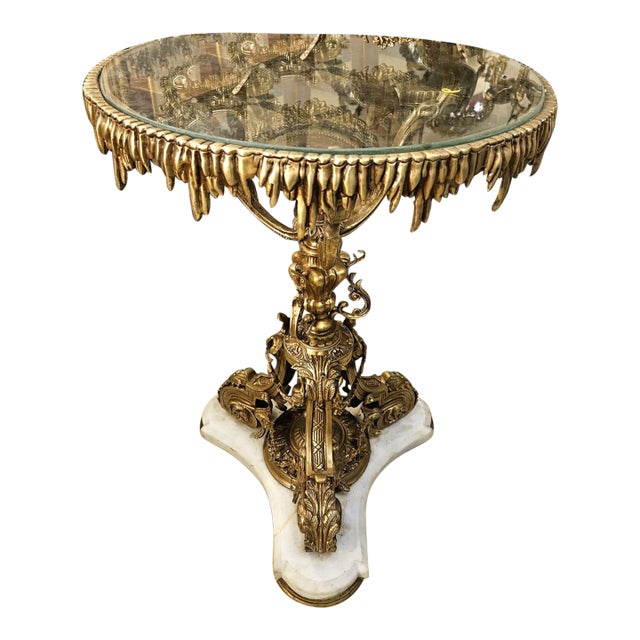 Grand French Baroque Coffee Table With Glass Top, Marble Base & Gilded Sculptural Details For Sale