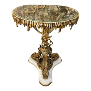 Grand French Baroque Coffee Table With Glass Top, Marble Base & Gilded Sculptural Details