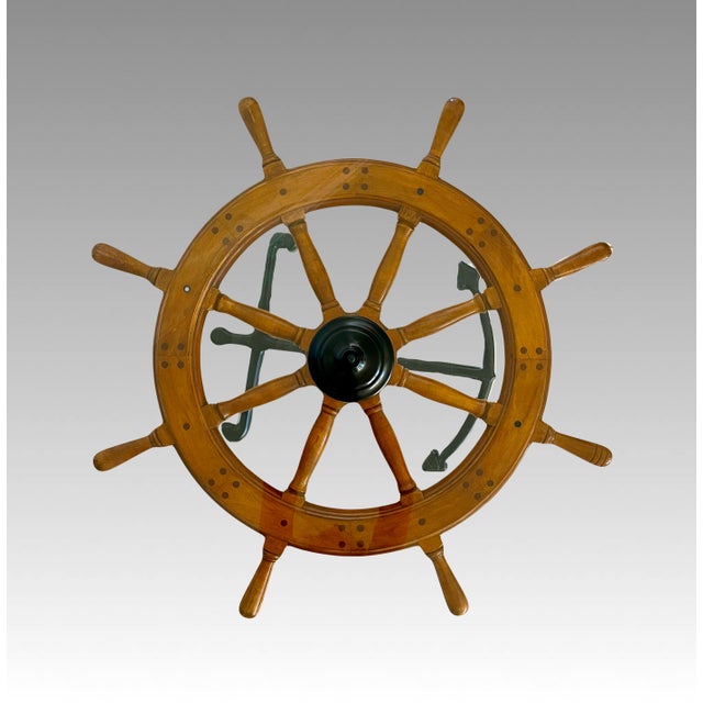 Vintage Ships Wheel Nautical Coffee Table With Glass Top & Cast Iron Black Anchor Base For Sale In Tampa - Image 6 of 12