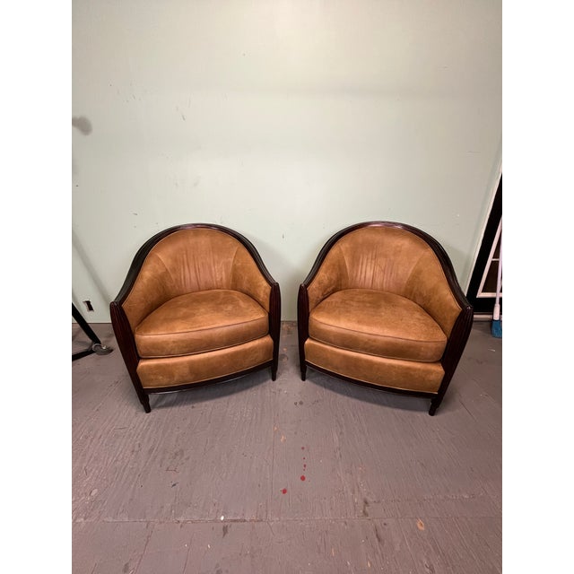 Wonderful Art Deco style club chairs. Fluted barrel design. Shagreen like leather upholstery. Great lines and very...