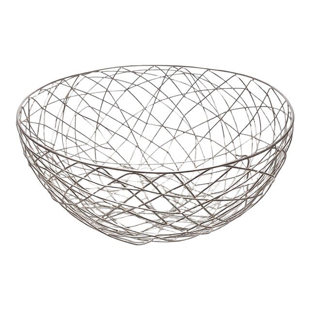 Large Chrome Vintage Mid Century Modern 1960s Atomic Wire Fruit Bowl – Mid Century Modern Sculptural Basket For Sale
