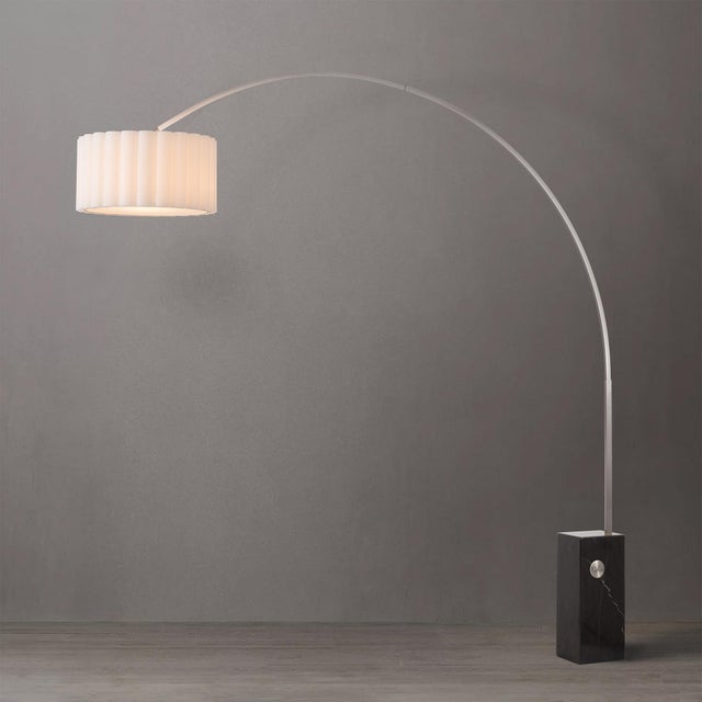 Mid-Century Modern Iconic 95" Arc Floor Lamp - Satin Nickel, Black Marble Base, White Linen Shade For Sale - Image 3 of 6
