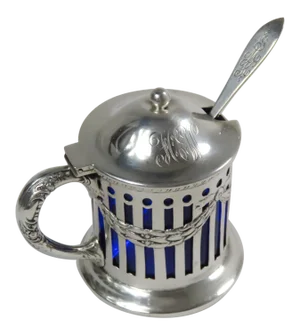 Orig Pics in Nov 2020 Antique American Sterling Silver & Cobalt Glass Mustard Pot Set