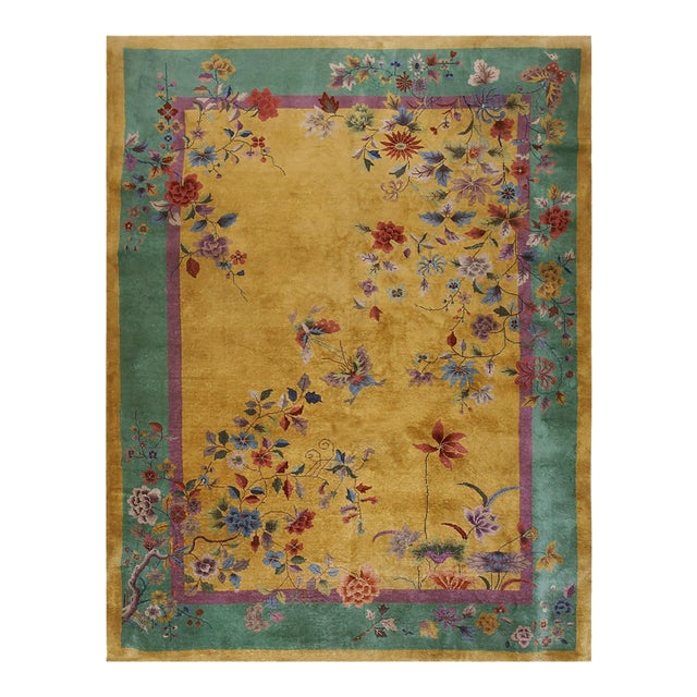 1920s Goldenord Field Floral Antique Chinese Art Deco Carpet by Nichols Workshop For Sale
