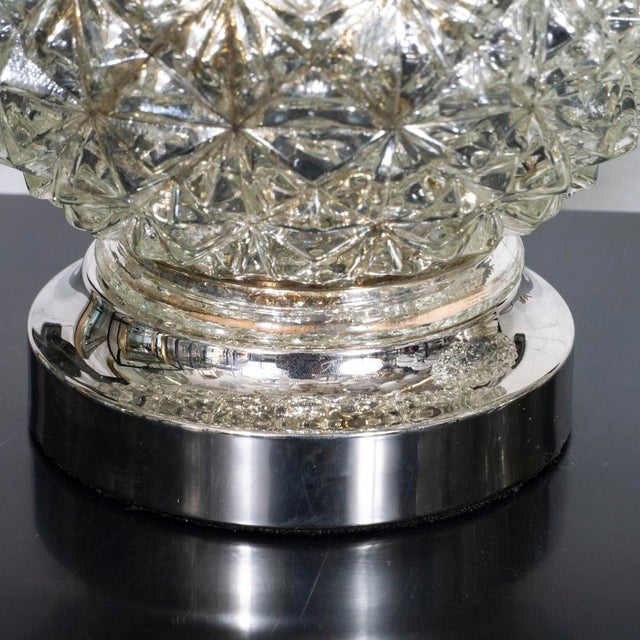 Pair of diamond patterned spherical mercury glass lamps For Sale In New York - Image 6 of 7