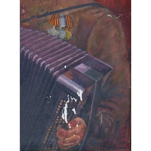 1980s Ukrainian Portrait Painting: Soldier With Accordion, Socialist Realism Art 80-59 For Sale - Image 6 of 6
