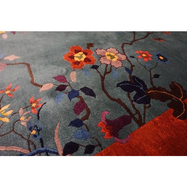 Exceptional Army Green Color Ground With Bits of Chinese Ornament Floral Design Antique Chinese Art Deco Rug For Sale - Image 9 of 15