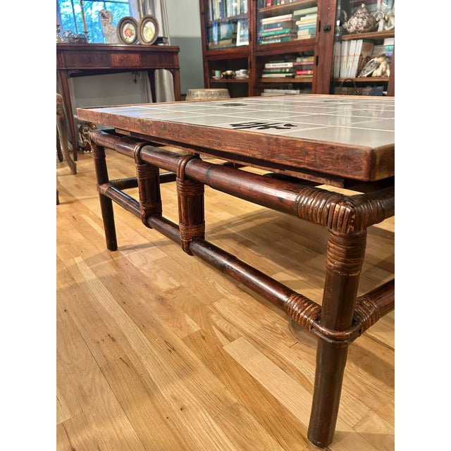 Brown Mid 20th Century “Far Horizons” Rattan and Tile Campaign Style Coffee Table by Ficks Reed For Sale - Image 8 of 12