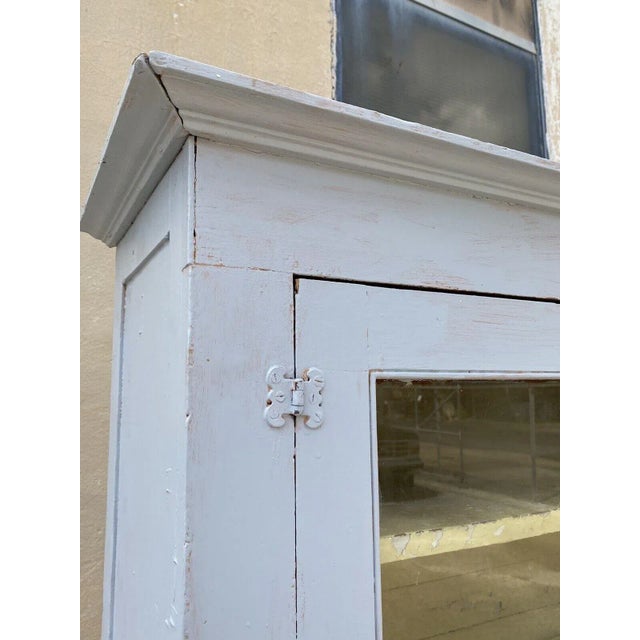 Wood 1900s Antique Country Farmhouse White Painted 2 Piece Step Back Hutch Kitchen Cupboard For Sale - Image 7 of 12