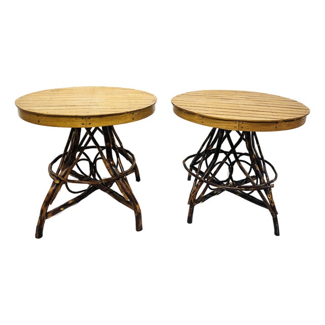 Late 20th Century Pair of Adirondack Twig Side Tables With Rustic Bentwood Bases For Sale